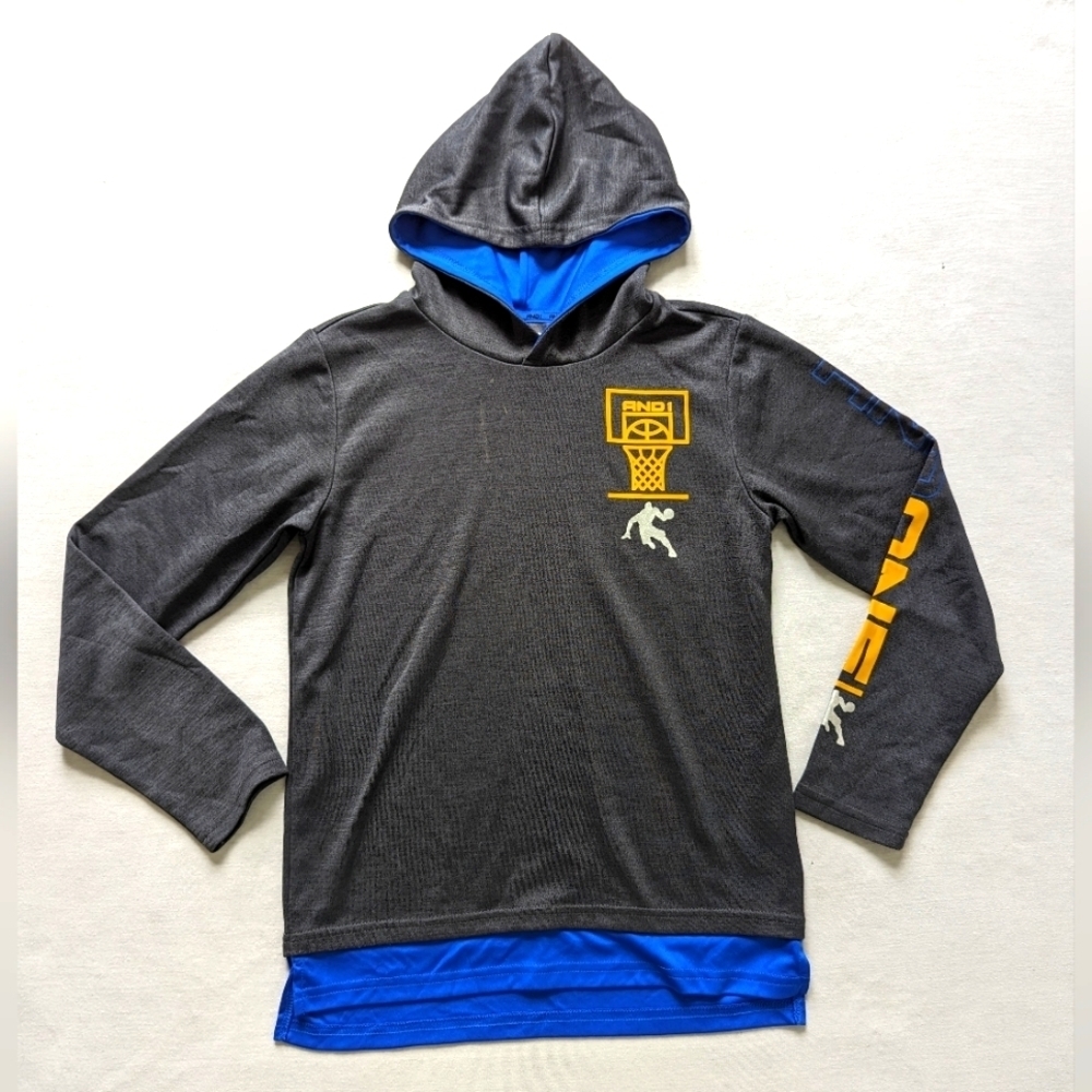 AND1 gray and blue sweatshirt hoodie kid's Large 10/12 years old